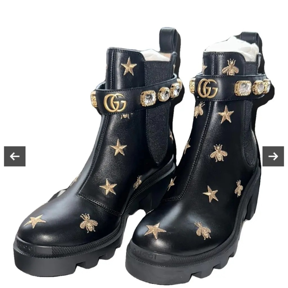 Gucci Black and Gold Heeled Boots